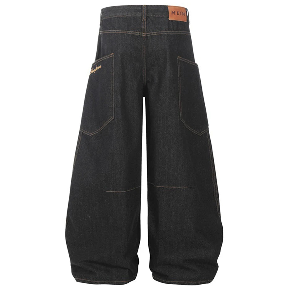 Wide Leg Black Denim Stitch Baggy Jeans
