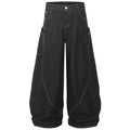 Wide Leg Black Denim Stitch Baggy Jeans