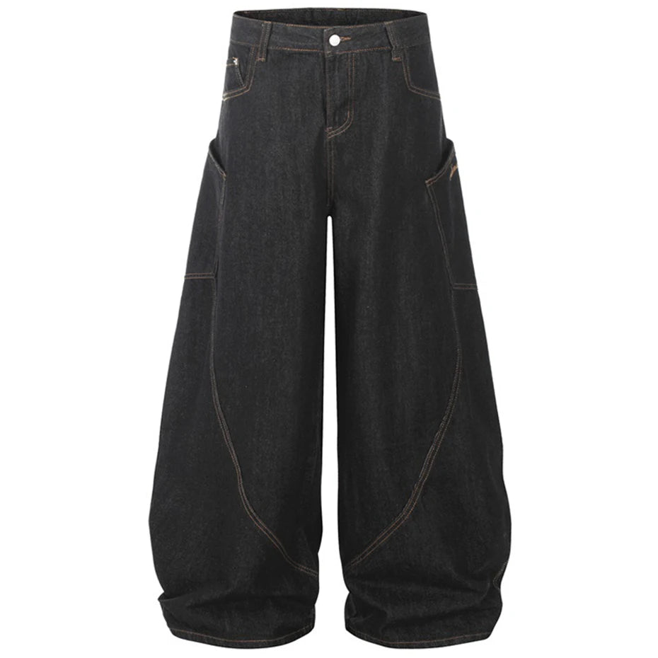 Wide Leg Black Denim Stitch Baggy Jeans