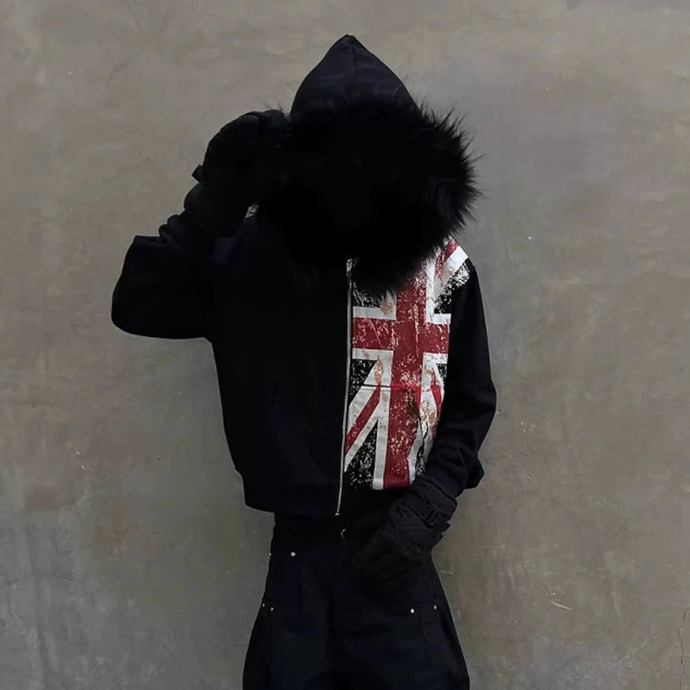 Black UK Fur Zip Up Hoodie
