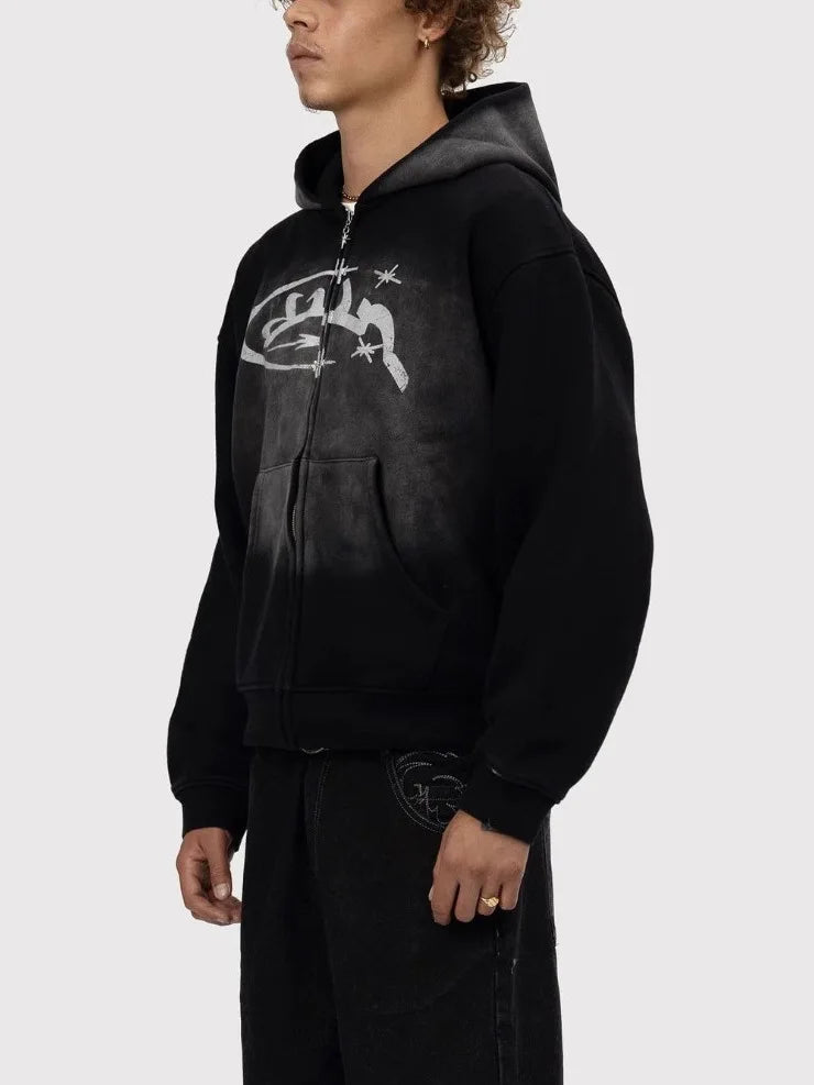 Street Sle Medium Wash Y2K Zip Up Hoodie