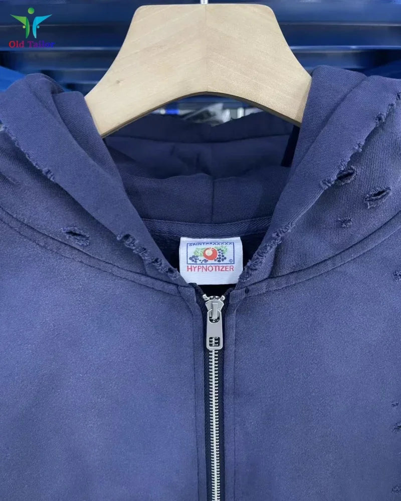 Multi Color Heavy Weight Saint Distressed Zip Up Hoodie