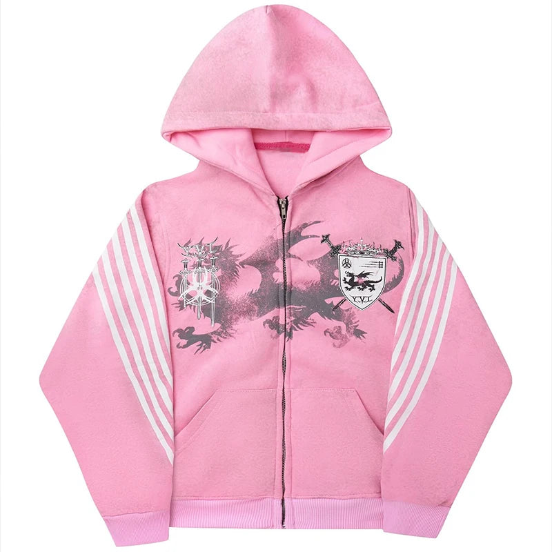 Gothic Vintage Striped Graphic Light Wash Zip Up Hoodie