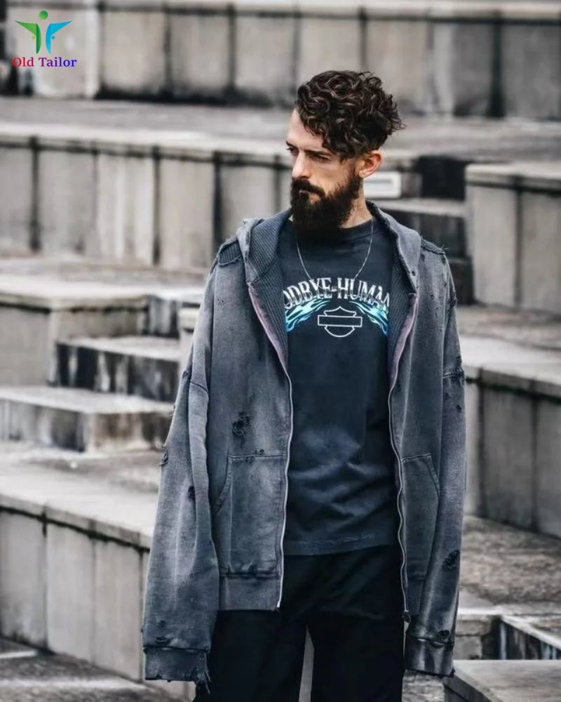 Multi Color Heavy Weight Saint Distressed Zip Up Hoodie