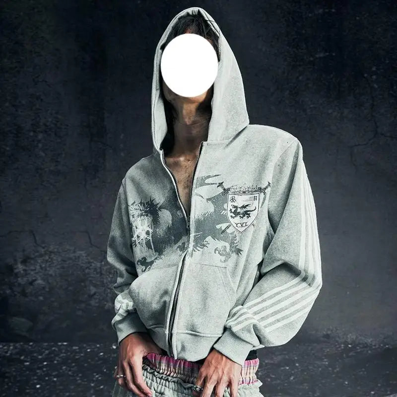 Gothic Vintage Striped Graphic Light Wash Zip Up Hoodie