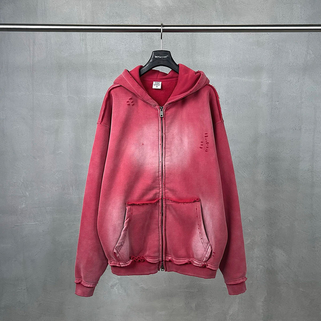 Y2K Multi Color Distressed Medium Wash Vintage Zip Up Hoodie