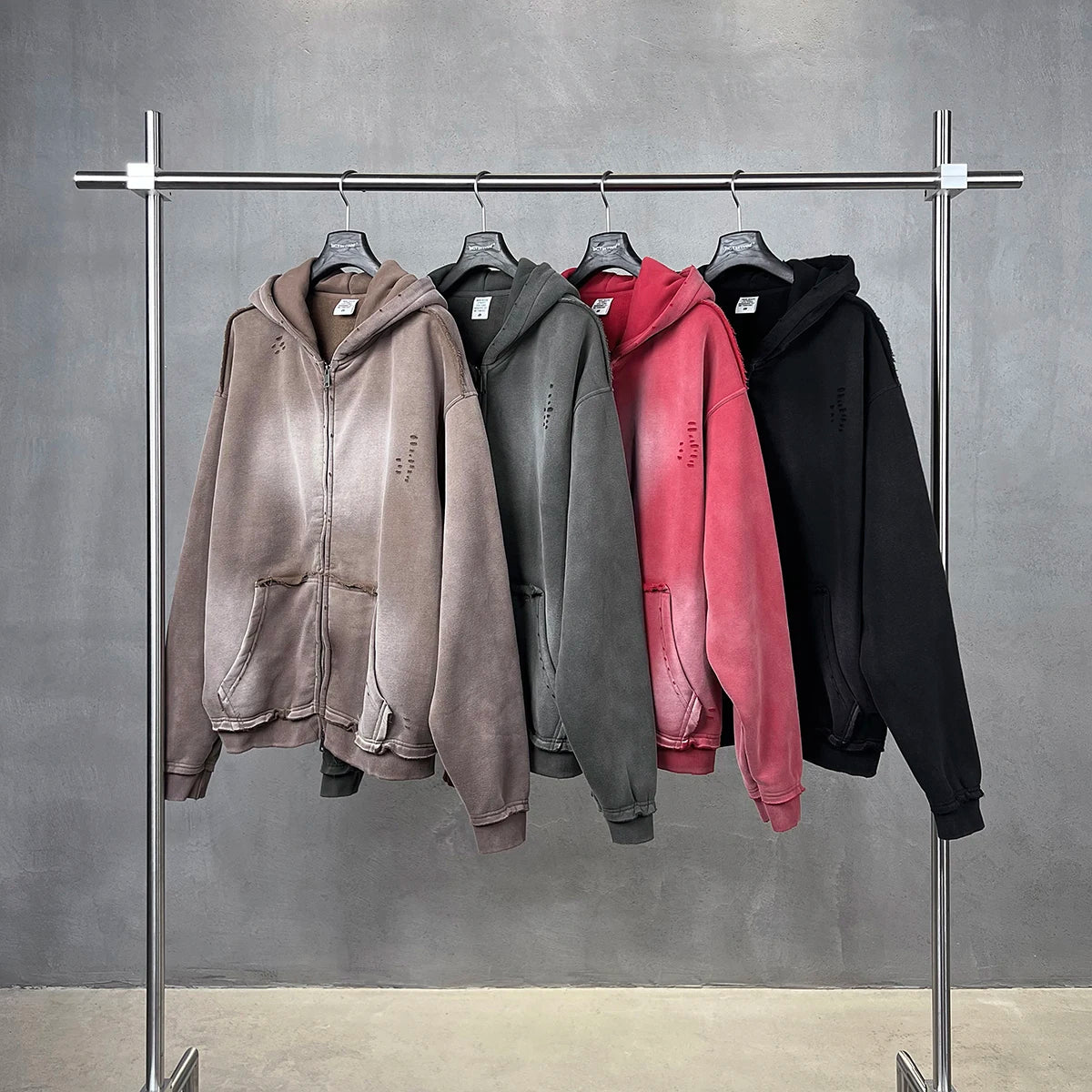 Y2K Multi Color Distressed Medium Wash Vintage Zip Up Hoodie