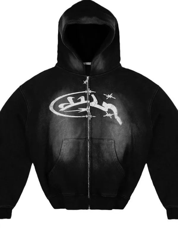 Street Sle Medium Wash Y2K Zip Up Hoodie