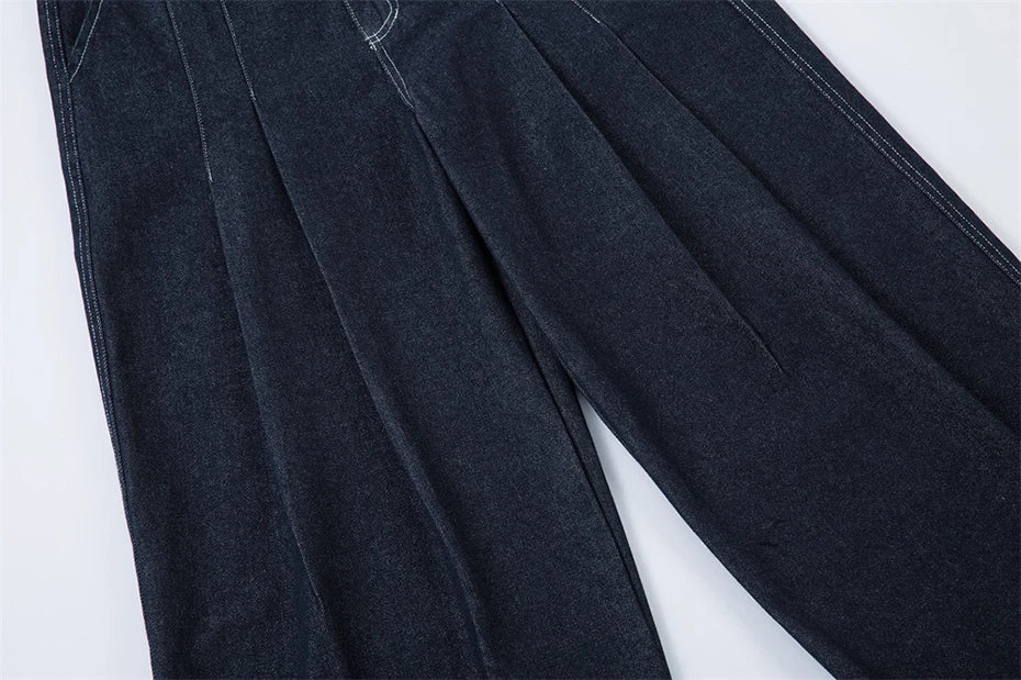 Pleated Dark Blue Denim Wide Leg Baggy Jeans
