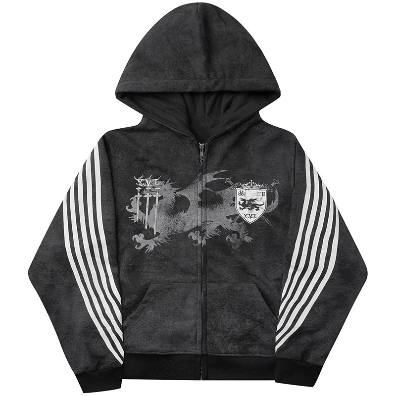 Gothic Vintage Striped Graphic Light Wash Zip Up Hoodie