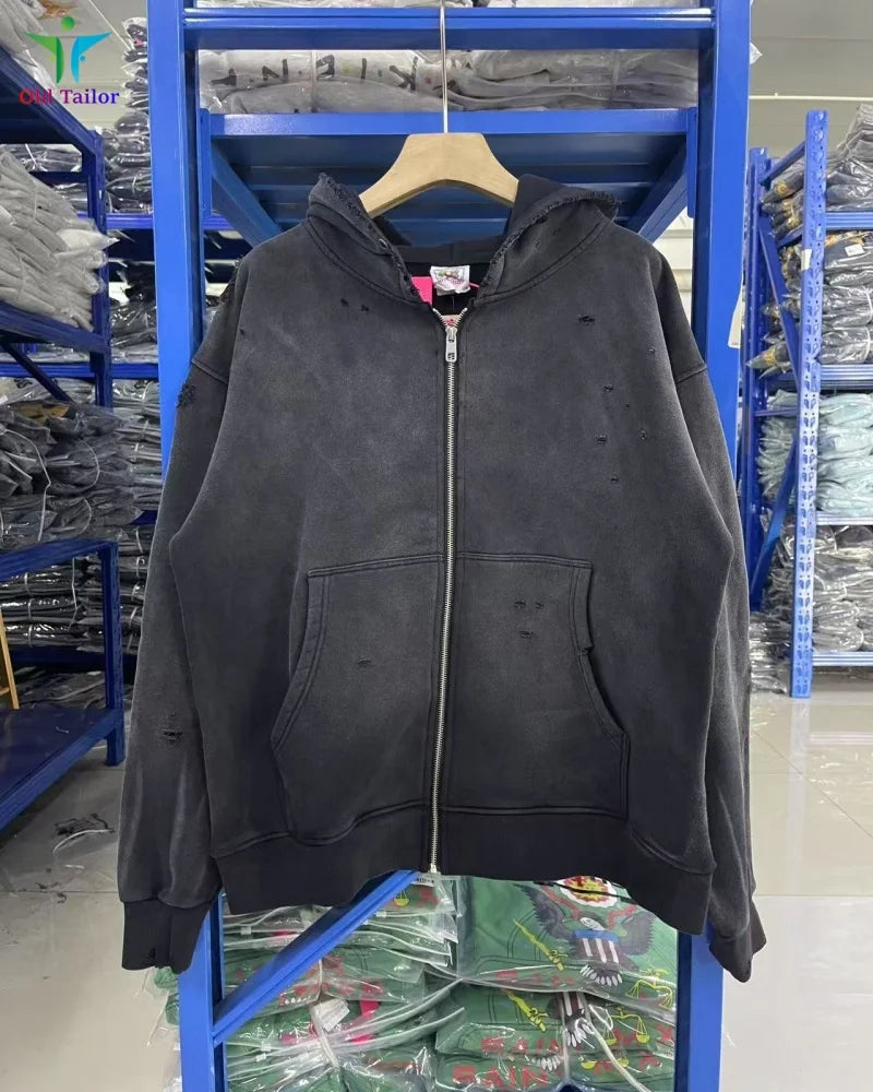 Multi Color Heavy Weight Saint Distressed Zip Up Hoodie