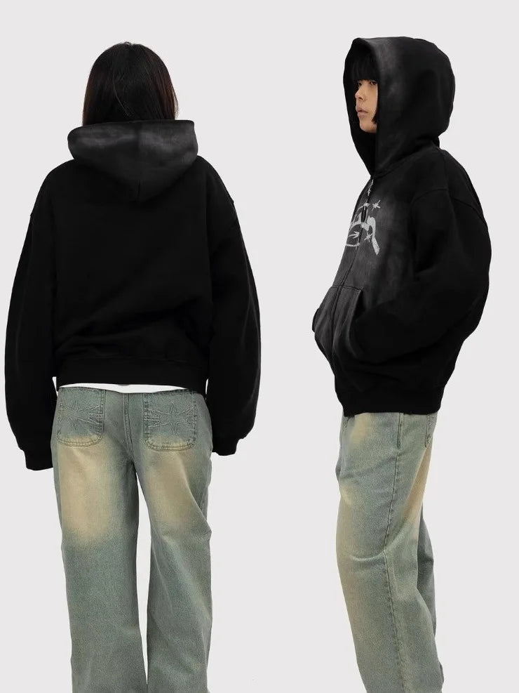 Street Sle Medium Wash Y2K Zip Up Hoodie