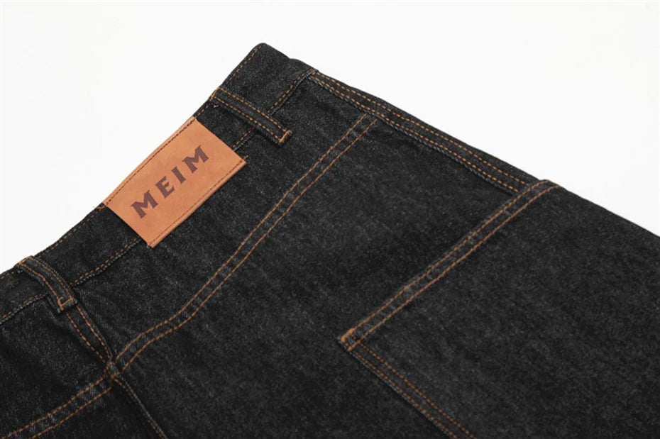 Wide Leg Black Denim Stitch Baggy Jeans