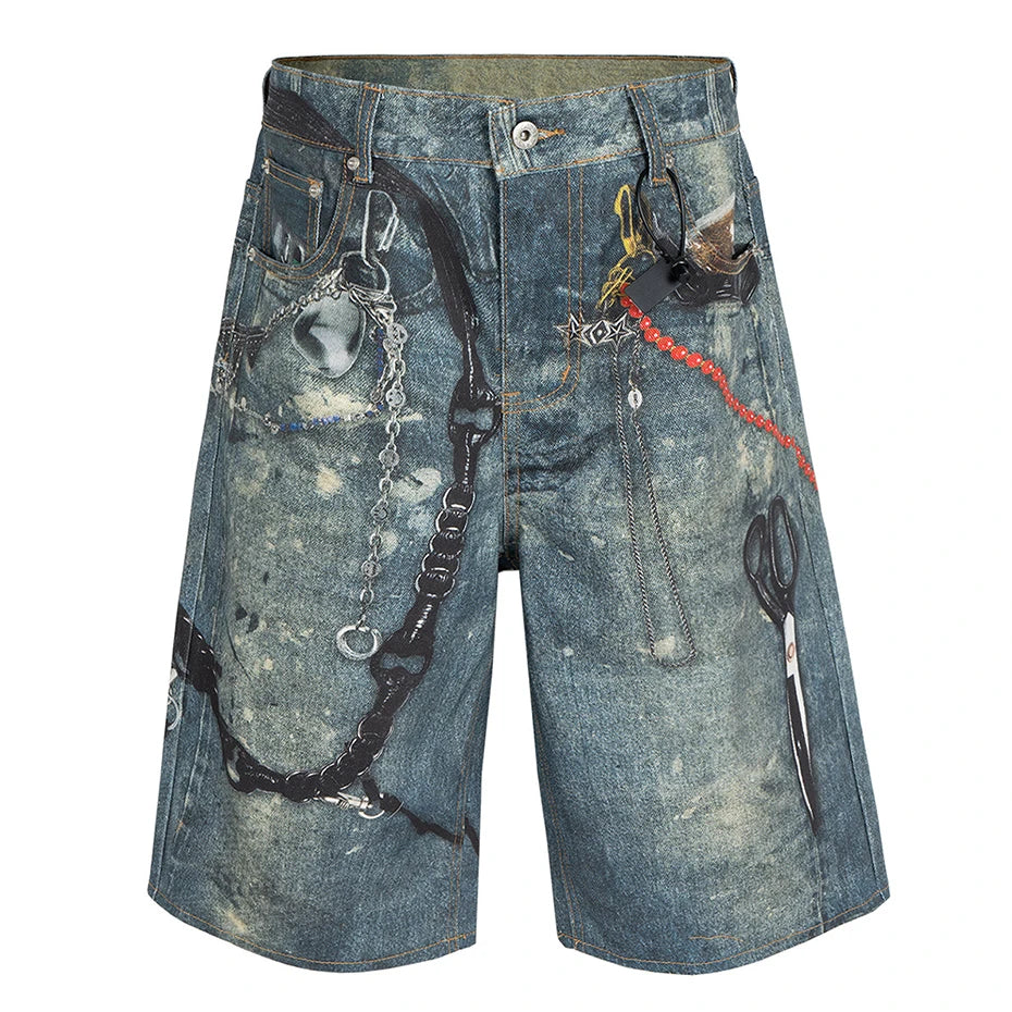 Keychain Themed Medium Wash Baggy Jorts