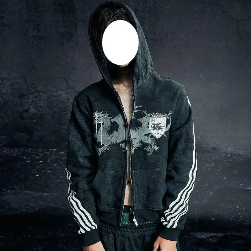 Gothic Vintage Striped Graphic Light Wash Zip Up Hoodie