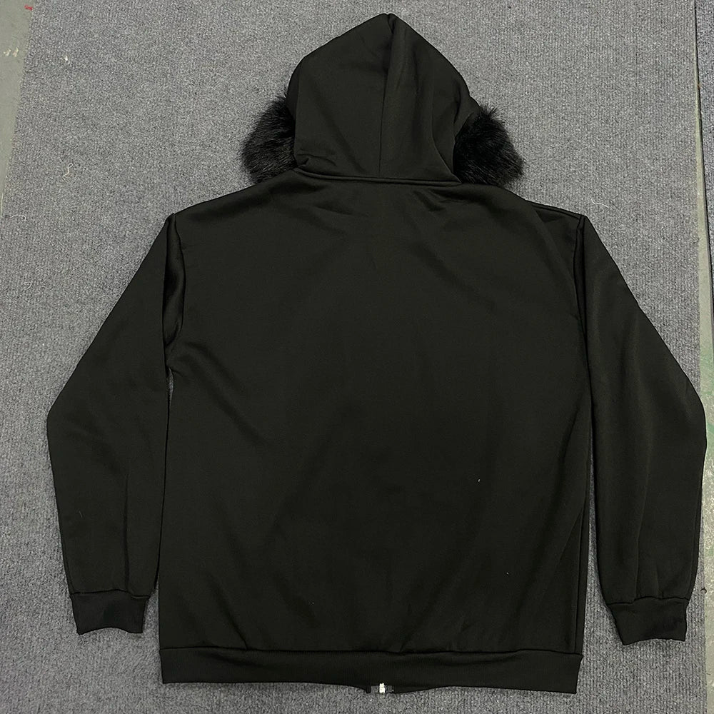Black UK Fur Zip Up Hoodie