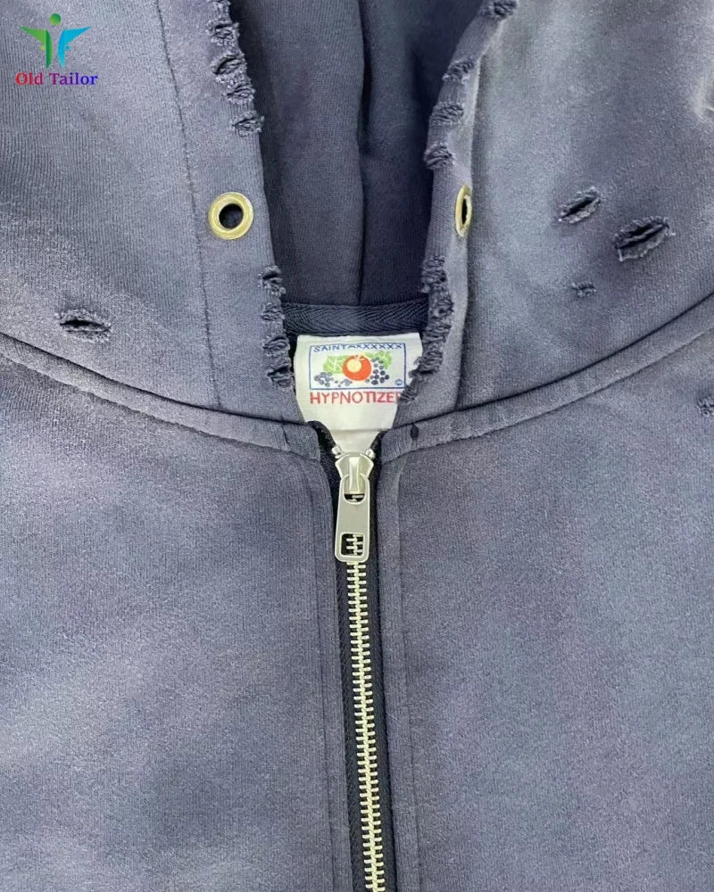 Multi Color Heavy Weight Saint Distressed Zip Up Hoodie