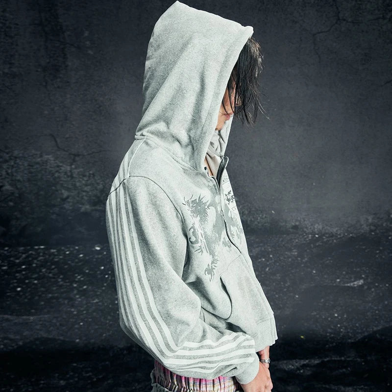 Gothic Vintage Striped Graphic Light Wash Zip Up Hoodie