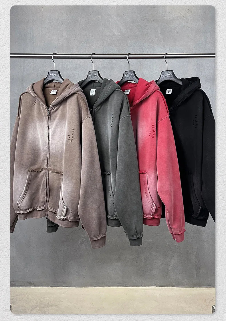 Y2K Multi Color Distressed Medium Wash Vintage Zip Up Hoodie