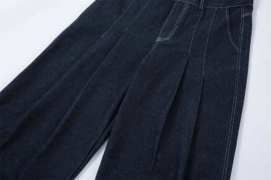 Pleated Dark Blue Denim Wide Leg Baggy Jeans