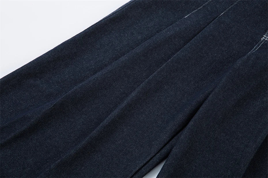 Pleated Dark Blue Denim Wide Leg Baggy Jeans