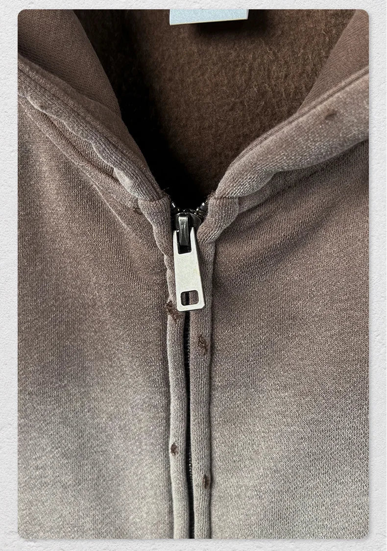 Y2K Multi Color Distressed Medium Wash Vintage Zip Up Hoodie