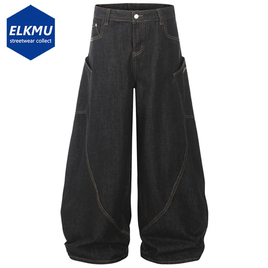 Wide Leg Black Denim Stitch Baggy Jeans