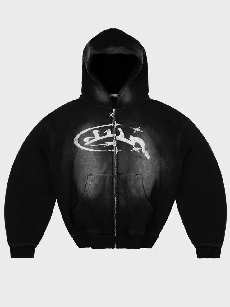 Street Sle Medium Wash Y2K Zip Up Hoodie