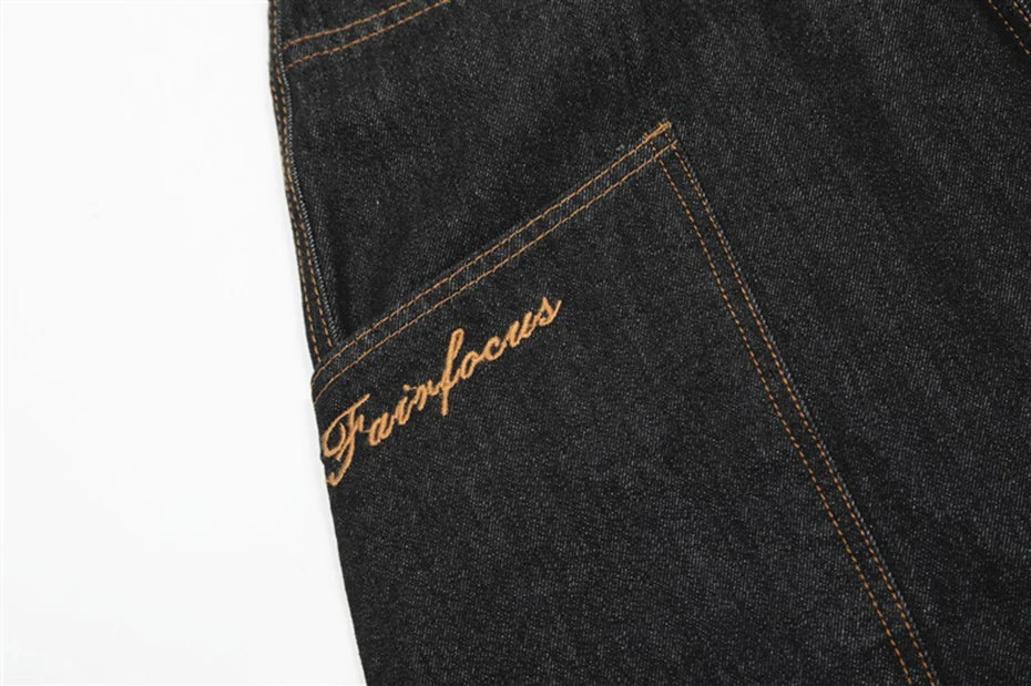 Wide Leg Black Denim Stitch Baggy Jeans