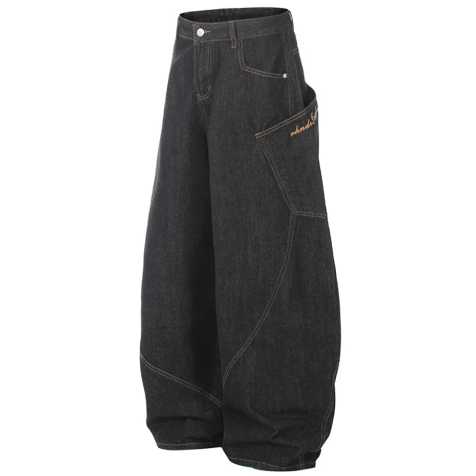 Wide Leg Black Denim Stitch Baggy Jeans