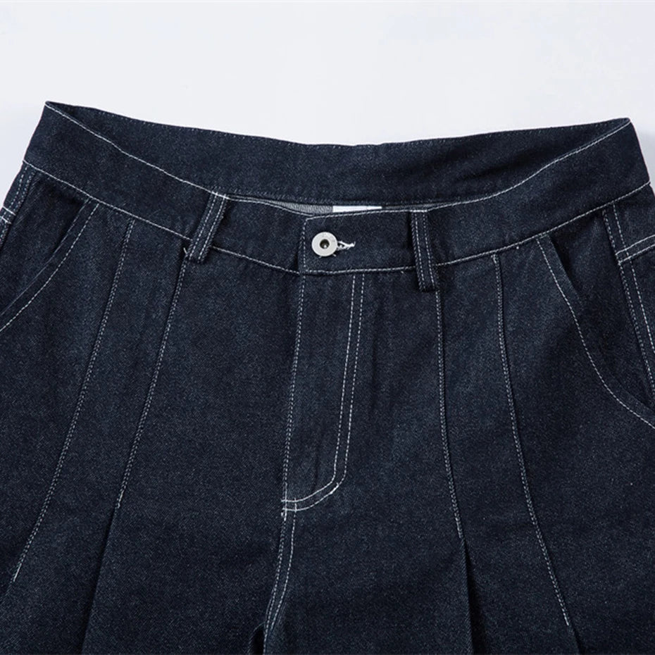 Pleated Dark Blue Denim Wide Leg Baggy Jeans