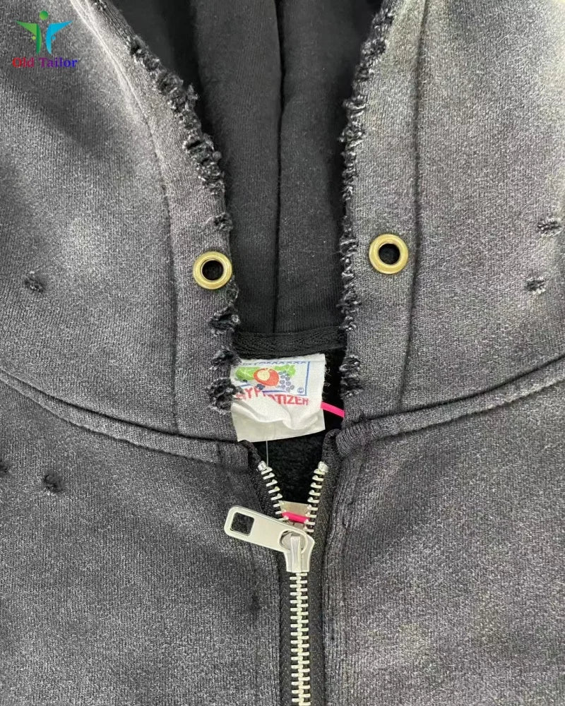 Multi Color Heavy Weight Saint Distressed Zip Up Hoodie