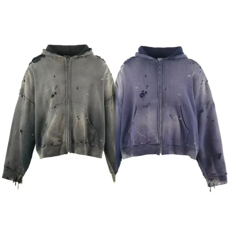 Multi Color Heavy Weight Saint Distressed Zip Up Hoodie