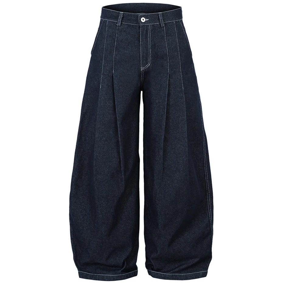Pleated Dark Blue Denim Wide Leg Baggy Jeans