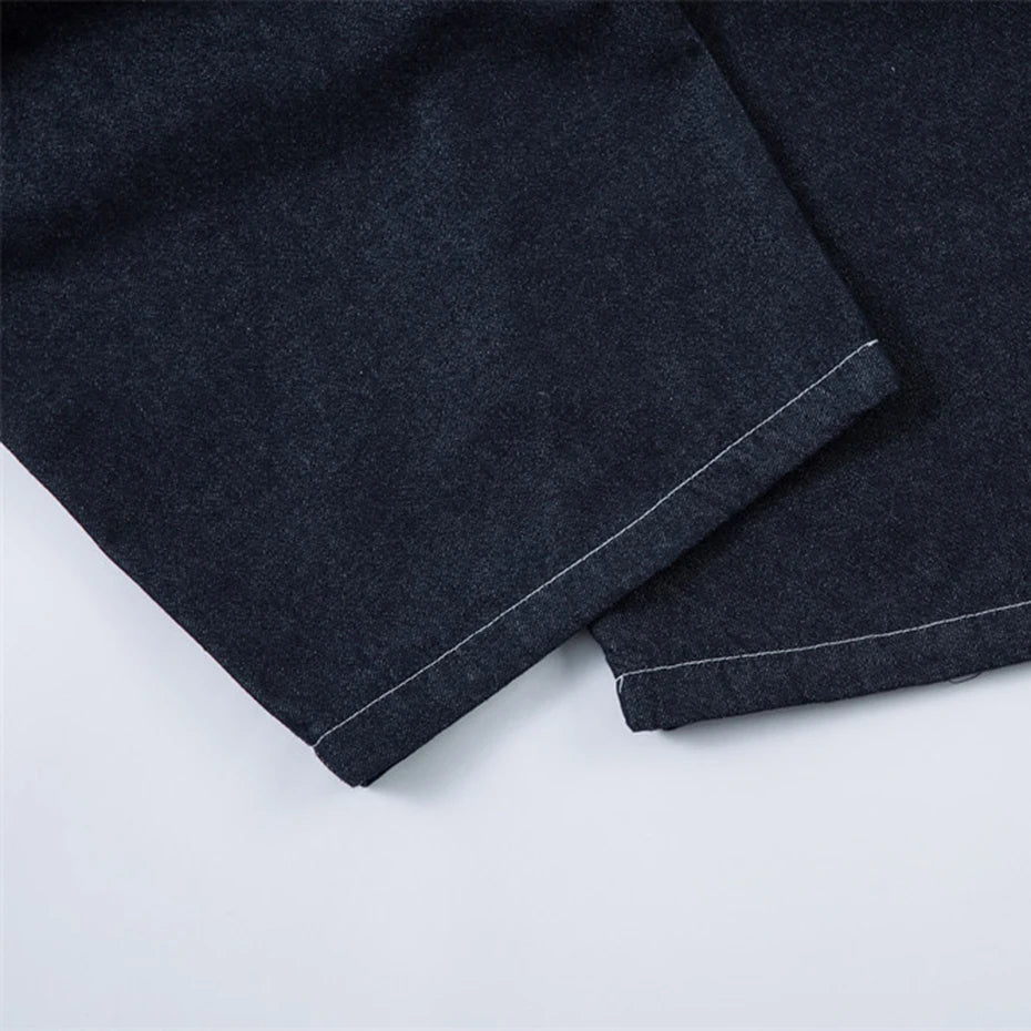 Pleated Dark Blue Denim Wide Leg Baggy Jeans