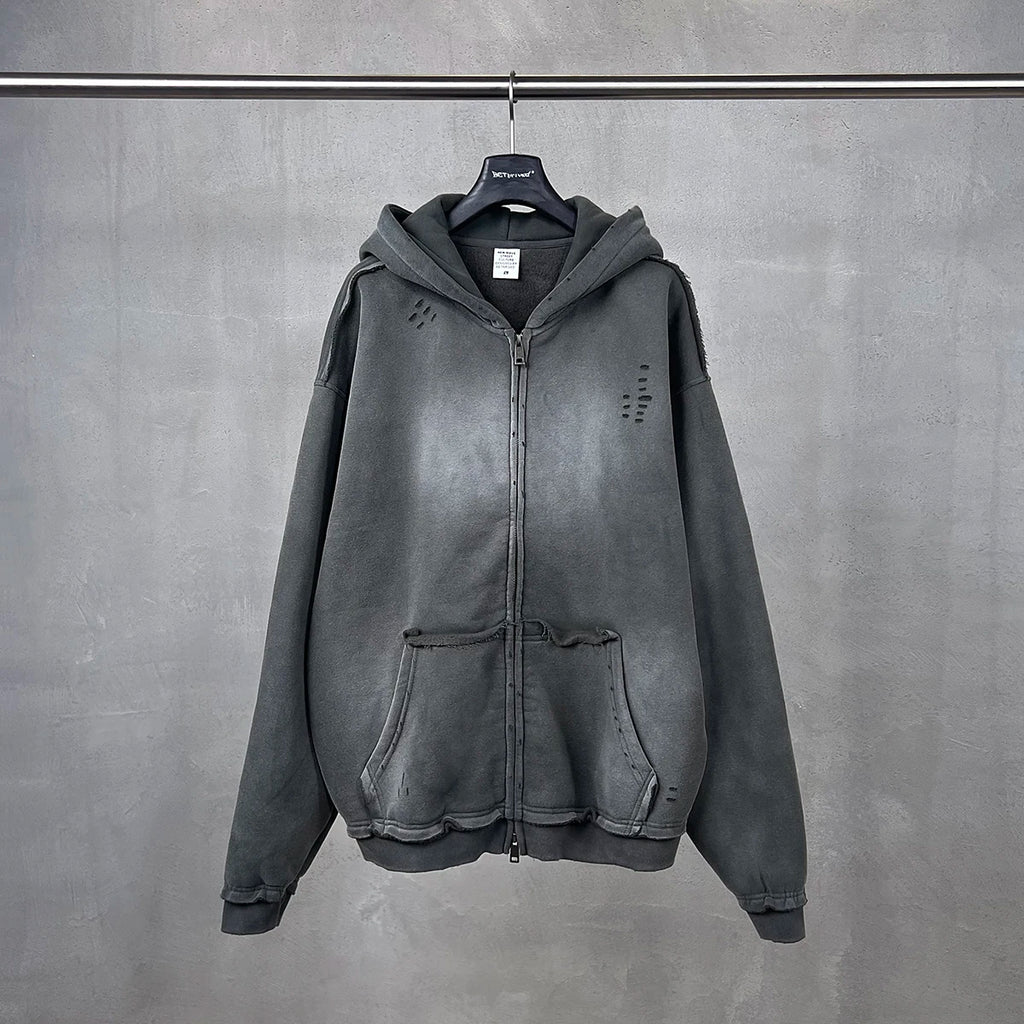 Y2K Multi Color Distressed Medium Wash Vintage Zip Up Hoodie