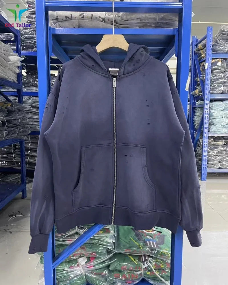 Multi Color Heavy Weight Saint Distressed Zip Up Hoodie