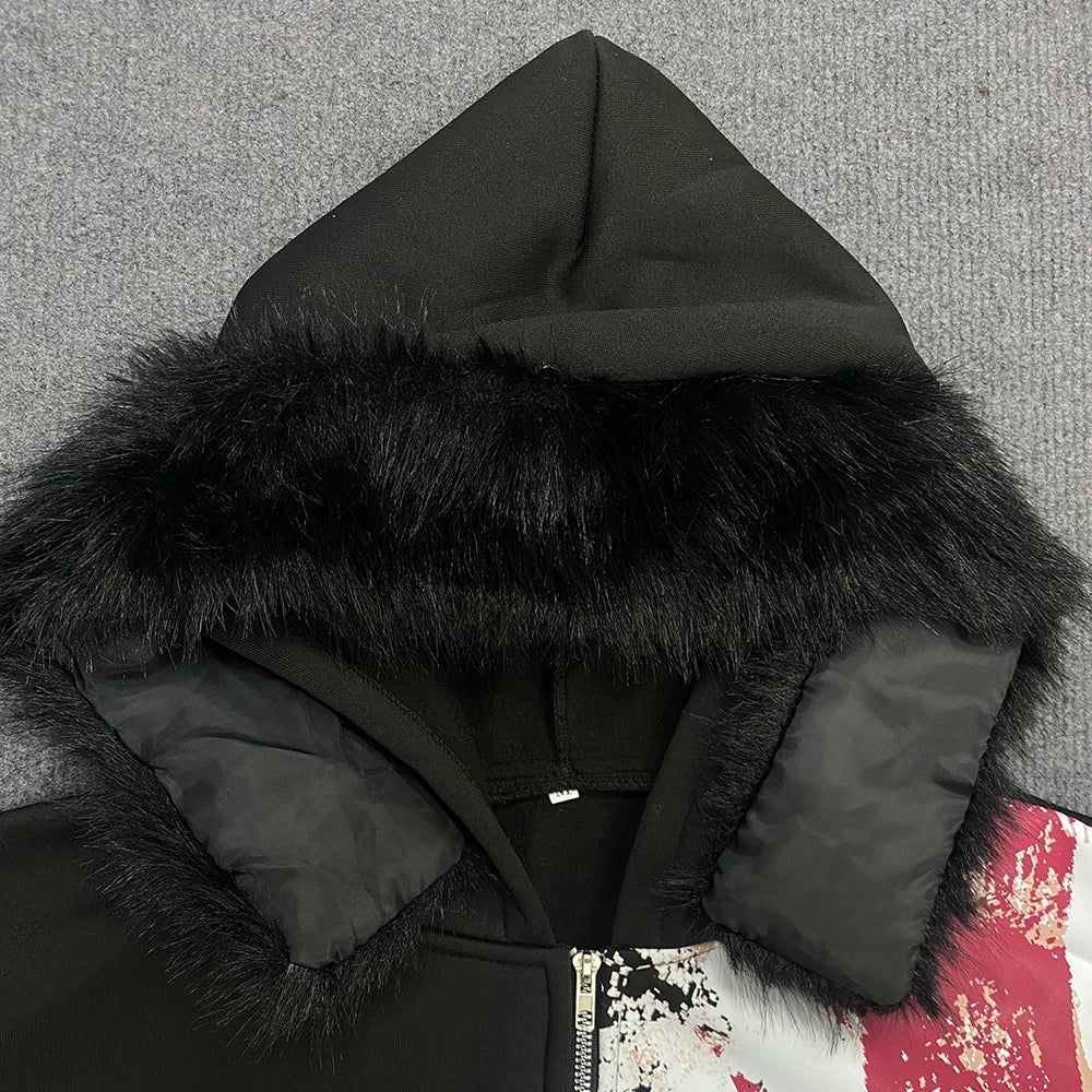 Black UK Fur Zip Up Hoodie