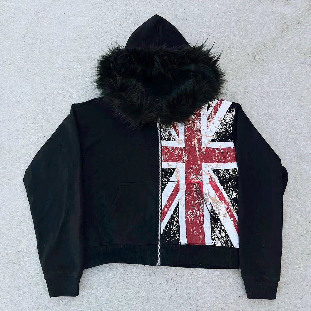 Black UK Fur Zip Up Hoodie