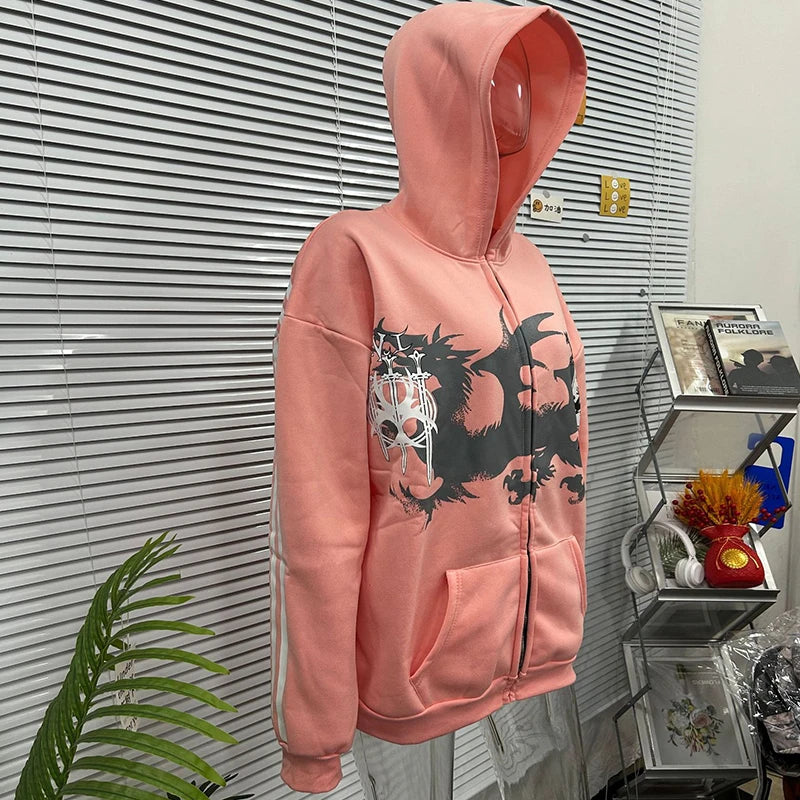 Gothic Vintage Striped Graphic Light Wash Zip Up Hoodie