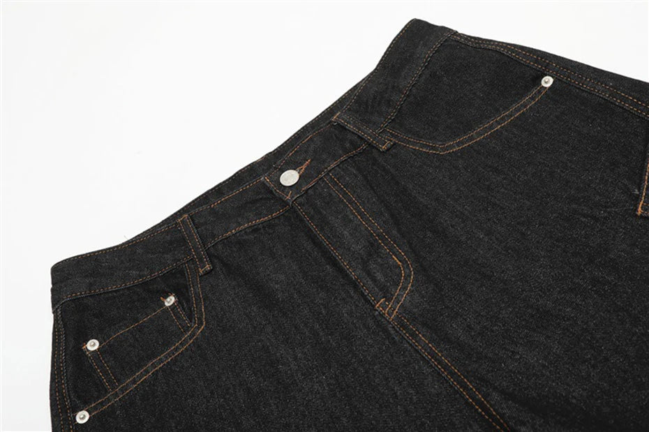 Wide Leg Black Denim Stitch Baggy Jeans