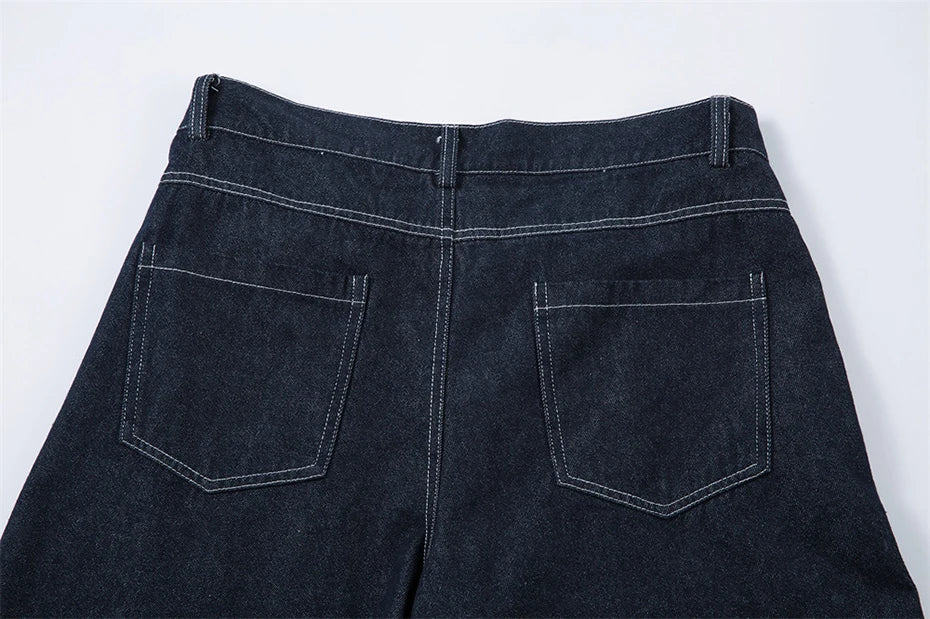 Pleated Dark Blue Denim Wide Leg Baggy Jeans