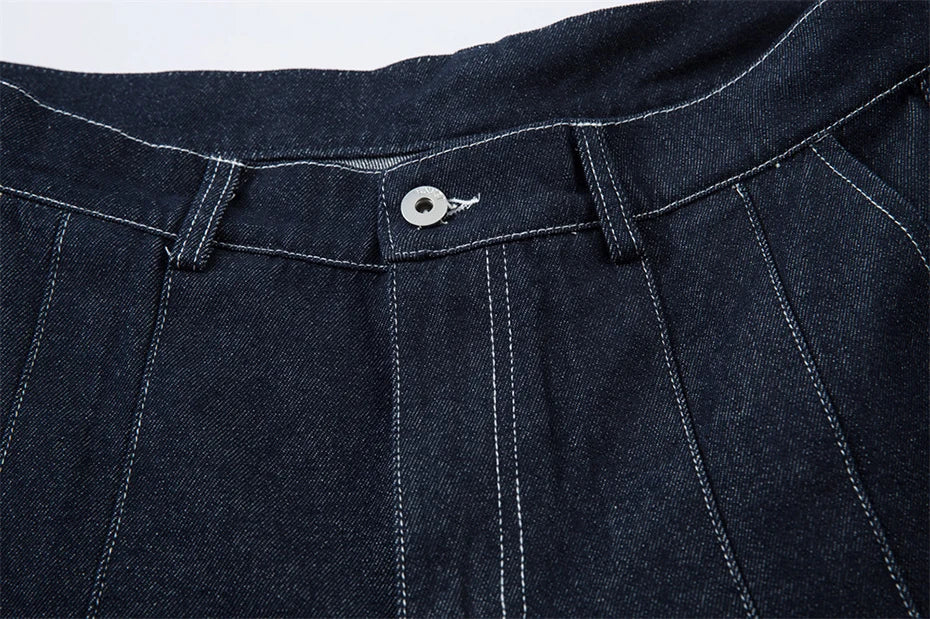 Pleated Dark Blue Denim Wide Leg Baggy Jeans