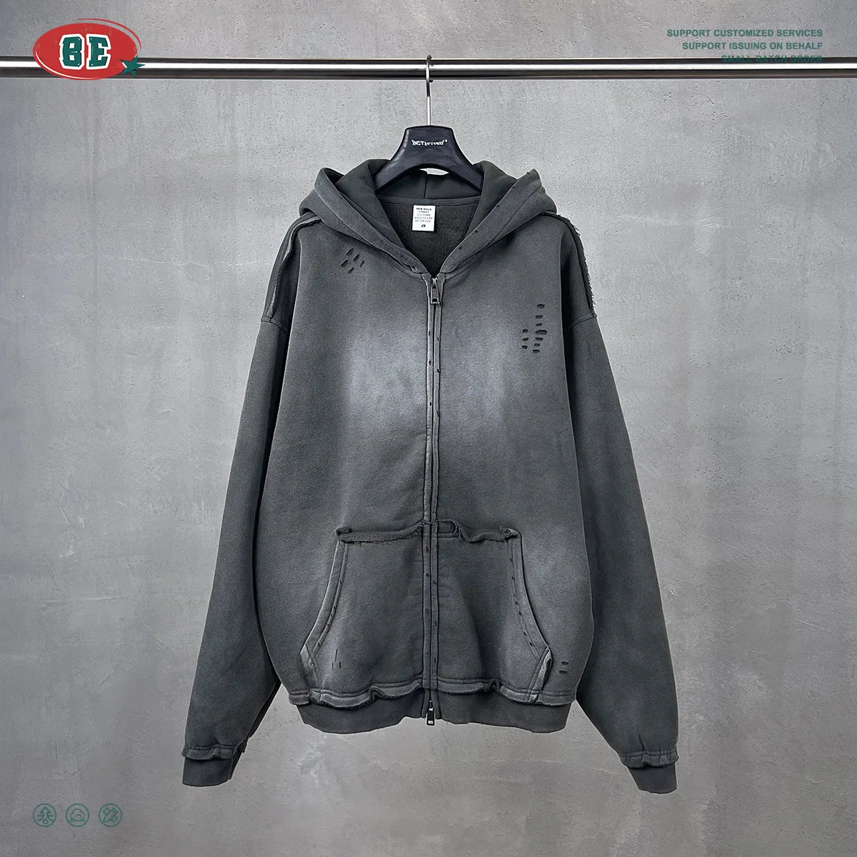 Y2K Multi Color Distressed Medium Wash Vintage Zip Up Hoodie