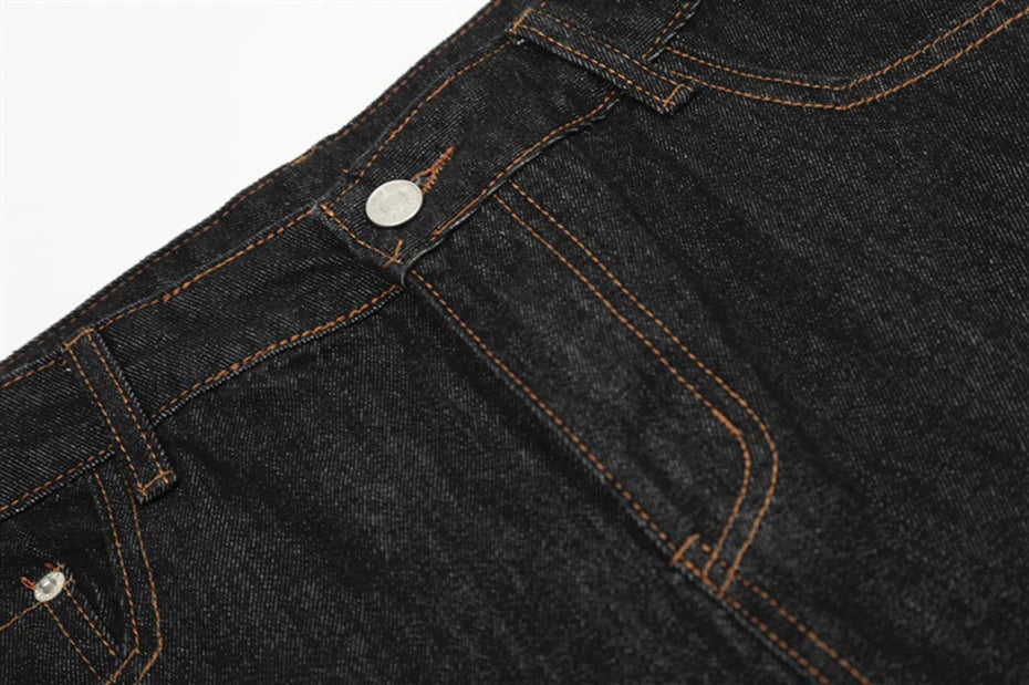 Wide Leg Black Denim Stitch Baggy Jeans