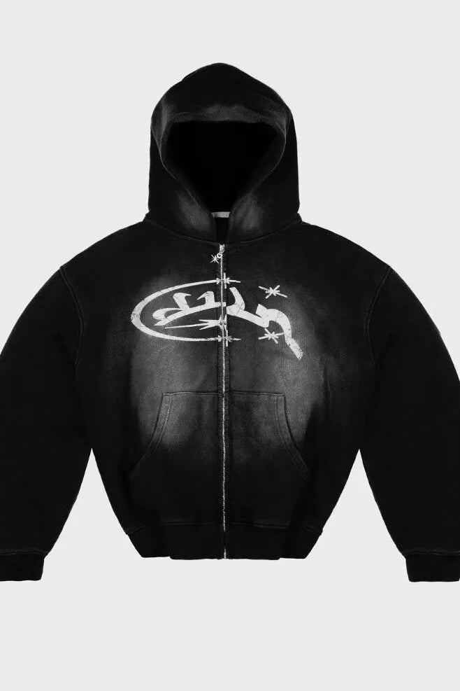 Street Sle Medium Wash Y2K Zip Up Hoodie