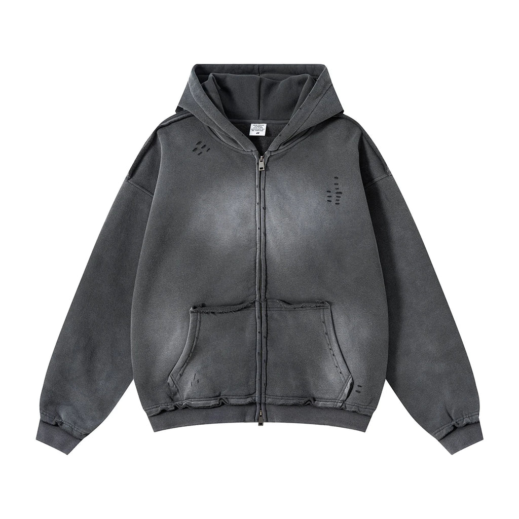 Y2K Multi Color Distressed Medium Wash Vintage Zip Up Hoodie