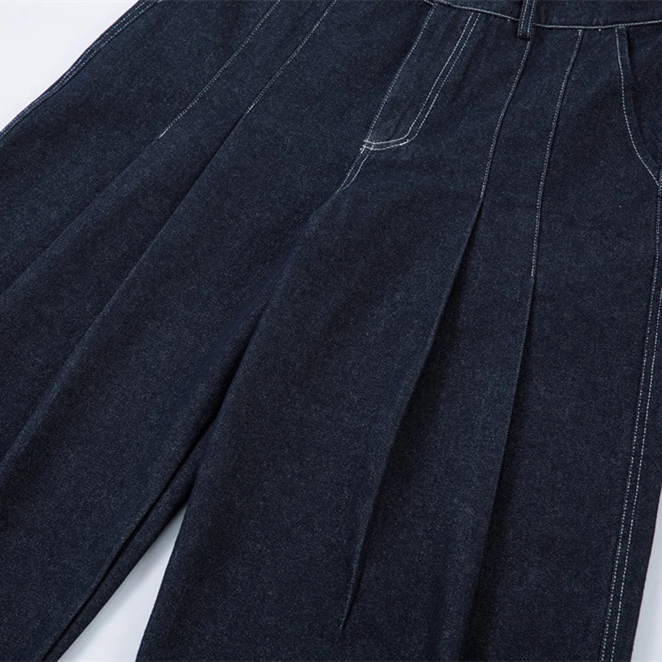 Pleated Dark Blue Denim Wide Leg Baggy Jeans