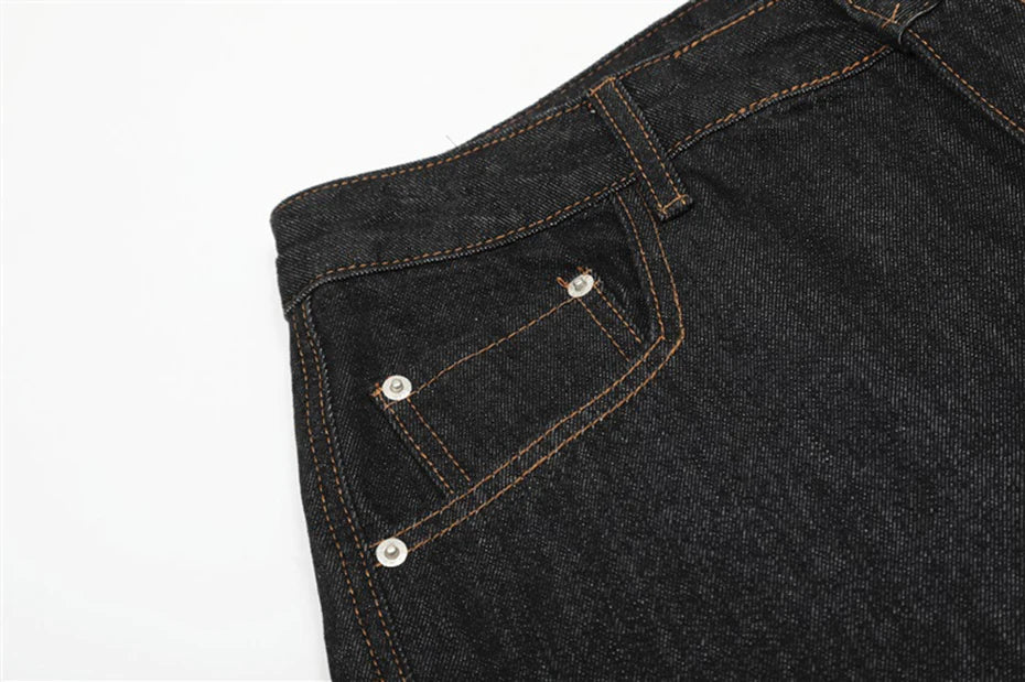Wide Leg Black Denim Stitch Baggy Jeans