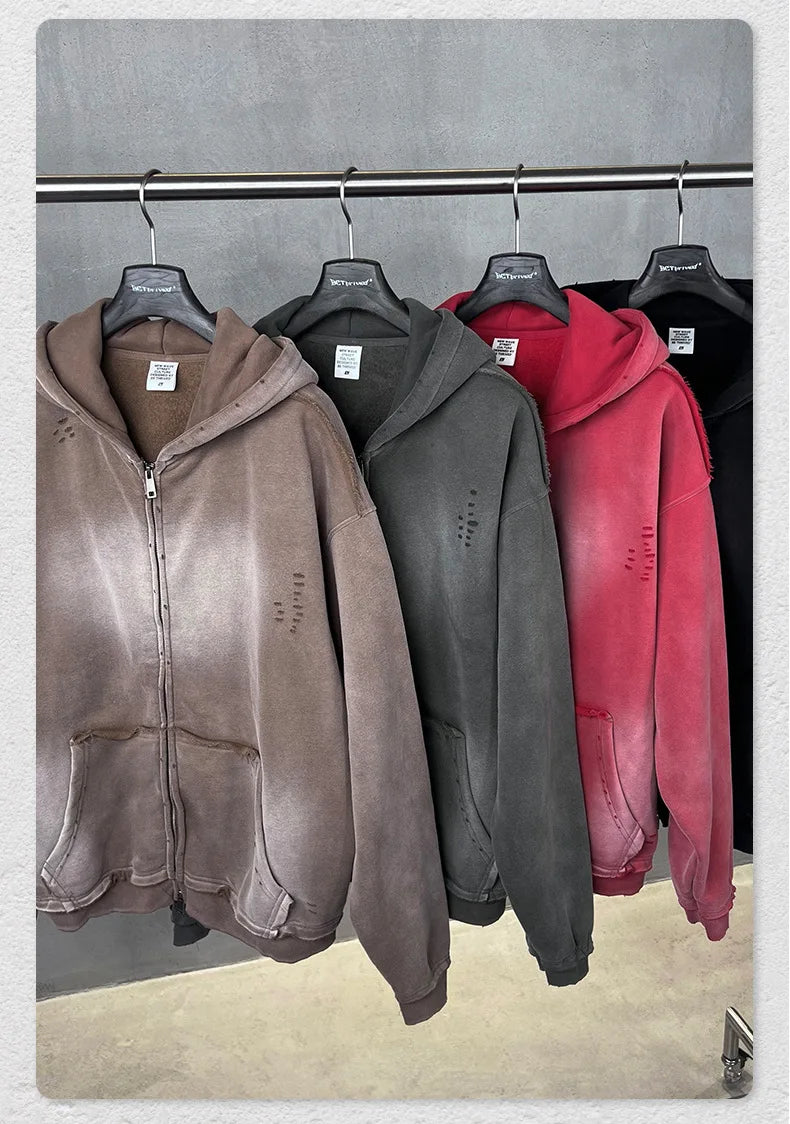 Y2K Multi Color Distressed Medium Wash Vintage Zip Up Hoodie